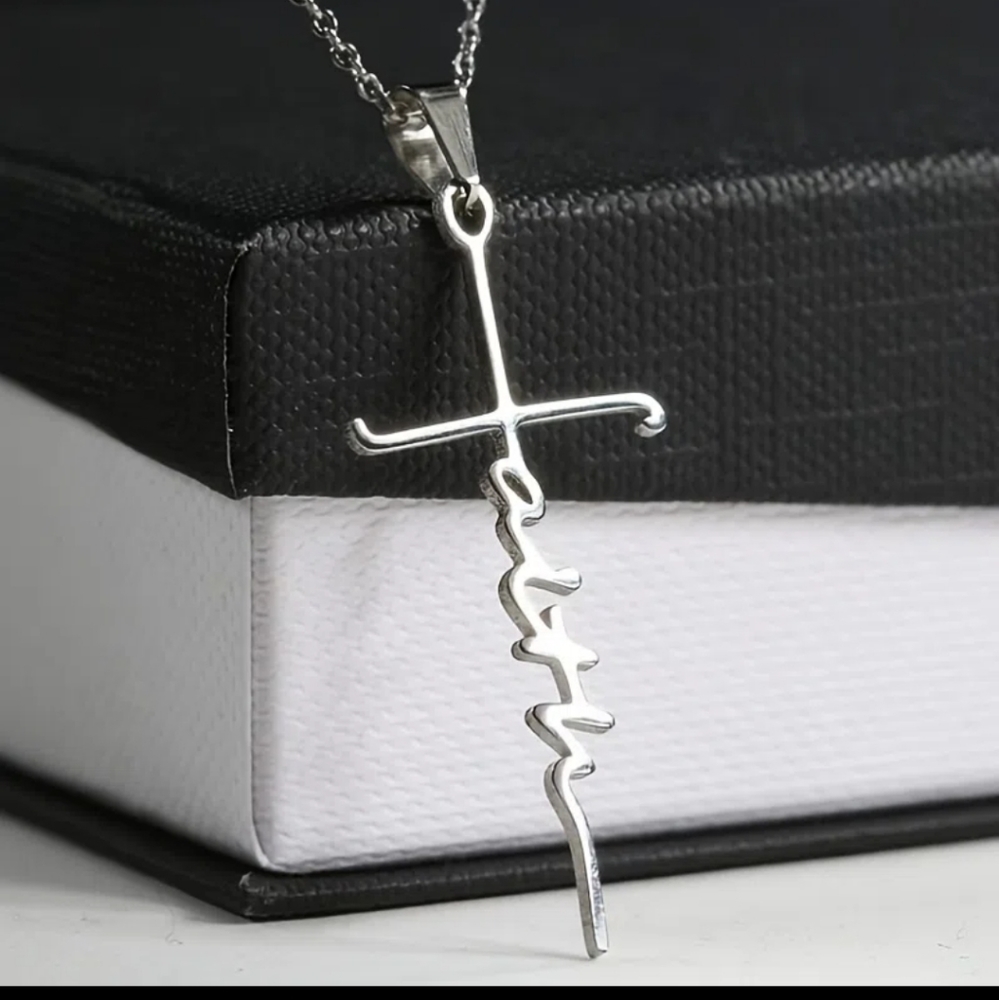 Faith Cross Silver Necklace Steel Christian Religious Pendant Prayer Church